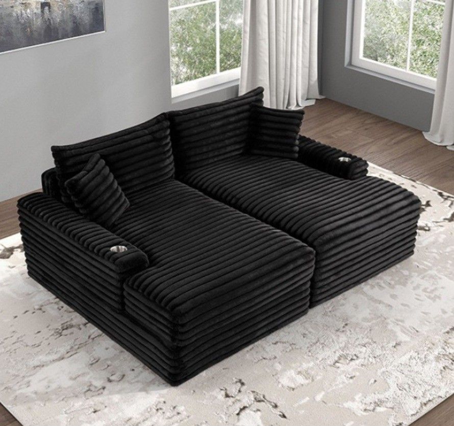 Brand New Black Super Plush Corduroy Double Chaise Sofa