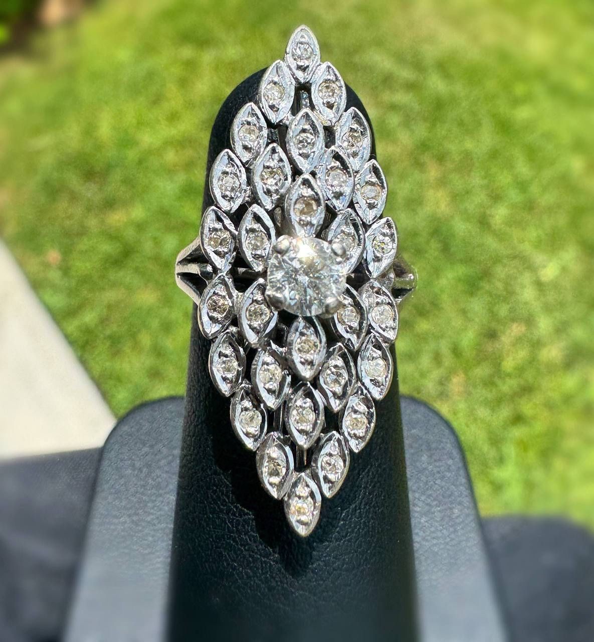 Art Deco Vintage 925 sterling silver 0.70CTW Natural Diamond & Round cut Navette ring sz 5.00