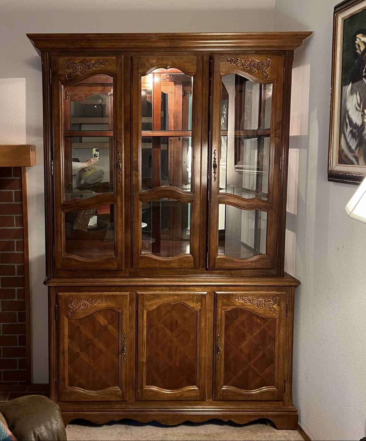 Two Piece Antique Wood & Glass Lighted China Cabinet