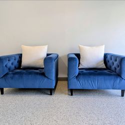 Pair of Blue Velvet Tufted Club Chairs