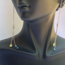 Women's Drop Earrings, Blue Yellow Faceted Accents, Sterling Silver Jewelry