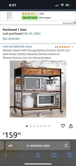 Kitchen Island Rolling Bakers Rack Cart