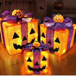8 Modes & Timer ] 3 Pack Lighted Halloween Pumpkin Decorations with 60 LED Lights Battery Operated Jack-O-Lantern Gift Box Halloween Outdoor Yard Deco