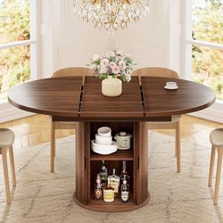 40-55in Expandable Round Dining Table for 4–6, Modern Walnut Oval Dining Table
