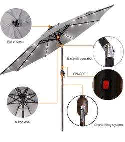 9’ LED solar outdoor umbrella (light grey)