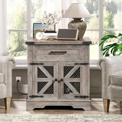 Farmhouse End Table with Charging Station, 24" Large Sofa Side Table with Drawer, Large End Table for Living Room, Wooden Nightstand with Outlet, 