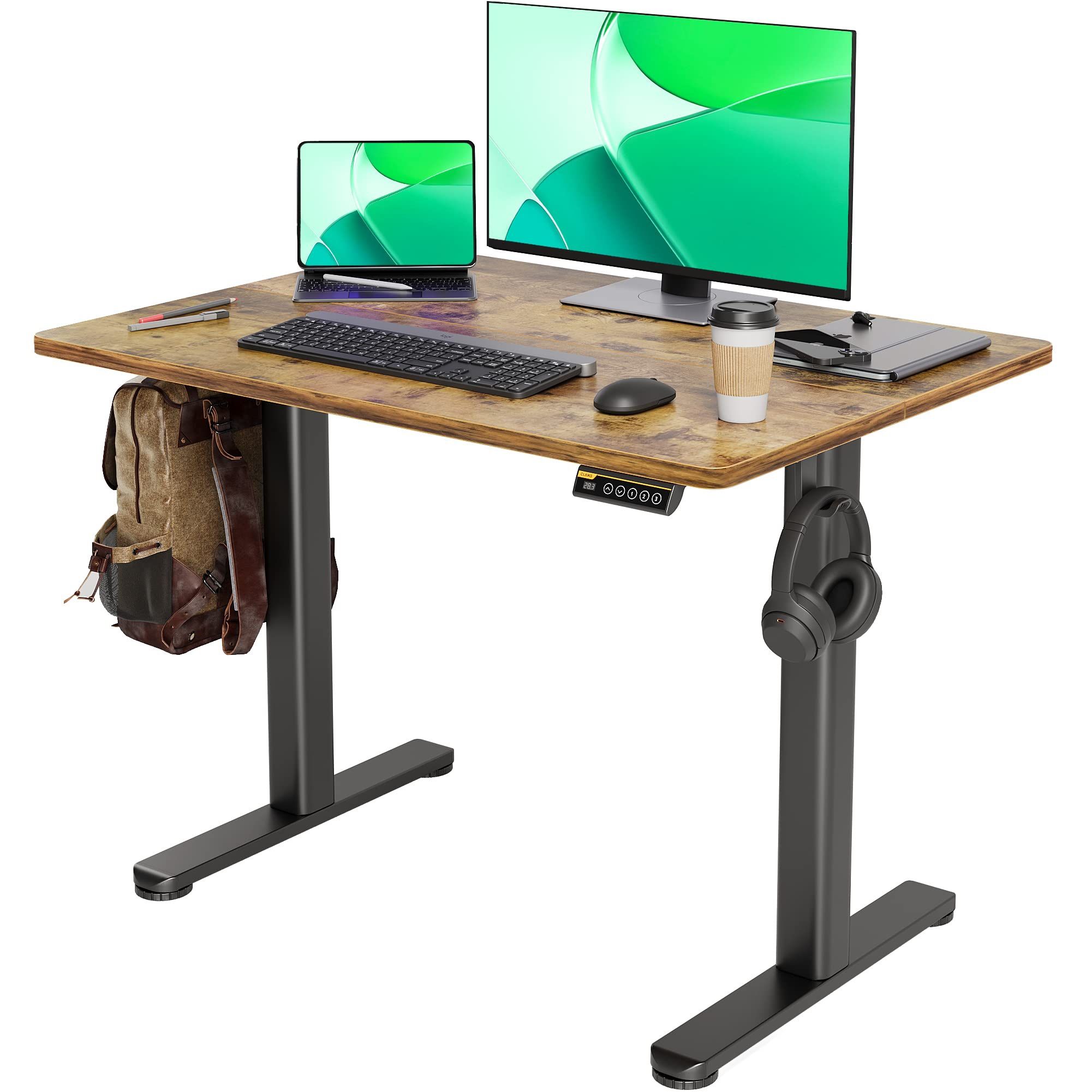 Claiks Electric Standing Desk, Adjustable Height Stand up Desk, 40x24 Inches Sit Stand Home Office Desk with Splice Board, Black Frame/Rustic Brown To
