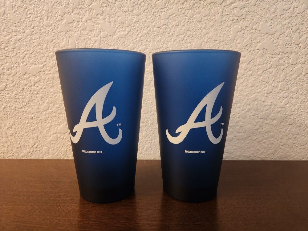 2 ATLANTA BRAVES 2010 BOELTER MLB BLUE FROSTED PINT GLASSES