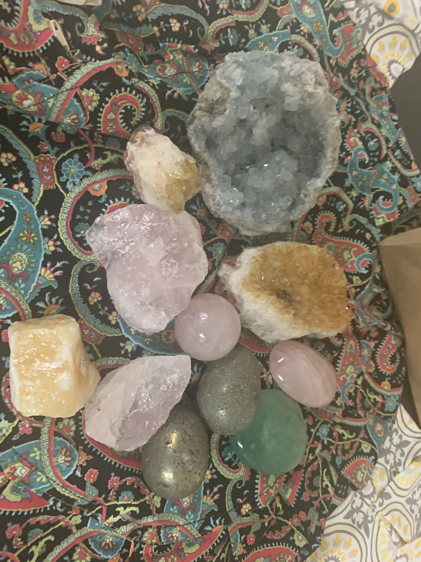 Crystal collection: celestite, rose quartz, calcite, pyrite and citrine