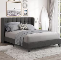 Queen Size Upholstered Wingback Platform Bed Frame - Dark Grey - moving sale