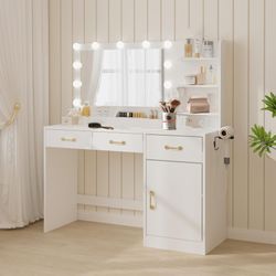 Vanity Desk with Mirror, LED Lights and Power Outlet Makeup Table with 3 Drawers and Storage Shelves Dressing Table for Bedroom Dressing Room, White1