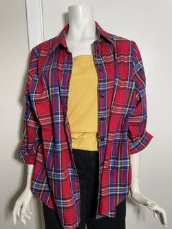 Allison Daley Size 18W Red Plaid Button Front Roll Tab sleeve top blouse shirt