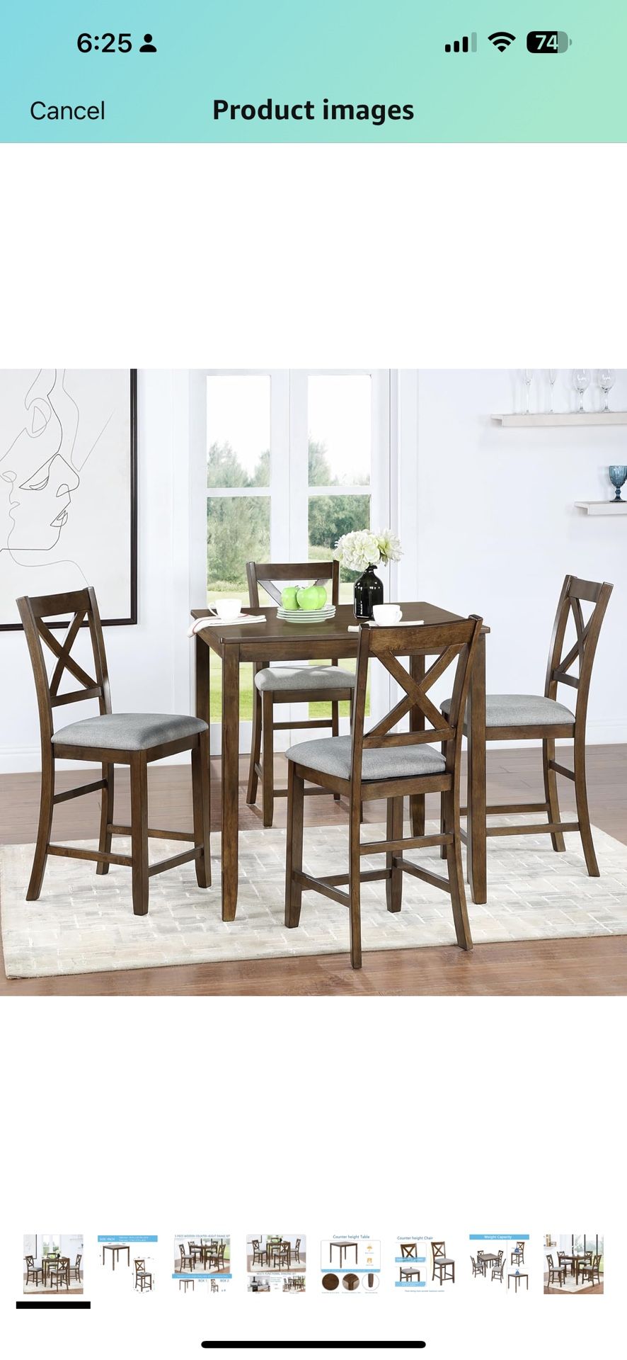 Counter Height Dining Table Set for 4, Solid Wood Farmhouse Kitchen Table Set with 4 Upholstered Chairs for Kitchen, Dining Room, Small Space, Walnut