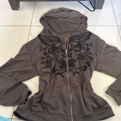 Gray Zip-Up Graphic Hoodie