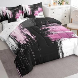 Pick Up From Mount Juliet 37122..New beautiful Modern Abstract Art 7 Piece Bedding Set Queen Size Kids Pink and Black Abstract Comforter Set with She 