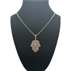 Iced Out Hamsa Pendant w/ Rope Chain - White Gold Plated