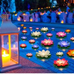 24 Pcs Diwali Lotus Floating LED Lights — Colorful Pool/Puja Décor