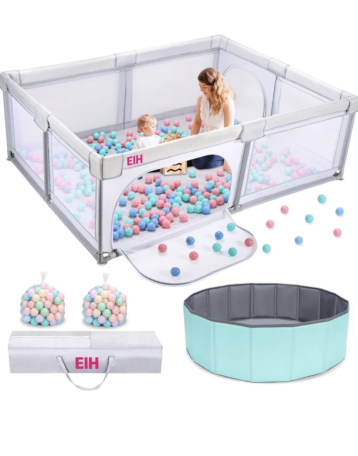 EIH 79 Inch x 59 Inch Large Baby Playpen with Ocean Ball Pit & 100PCS