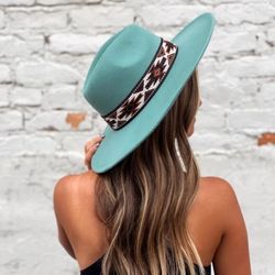 Western Aztec Felt Band Fedora Hat Sage Green