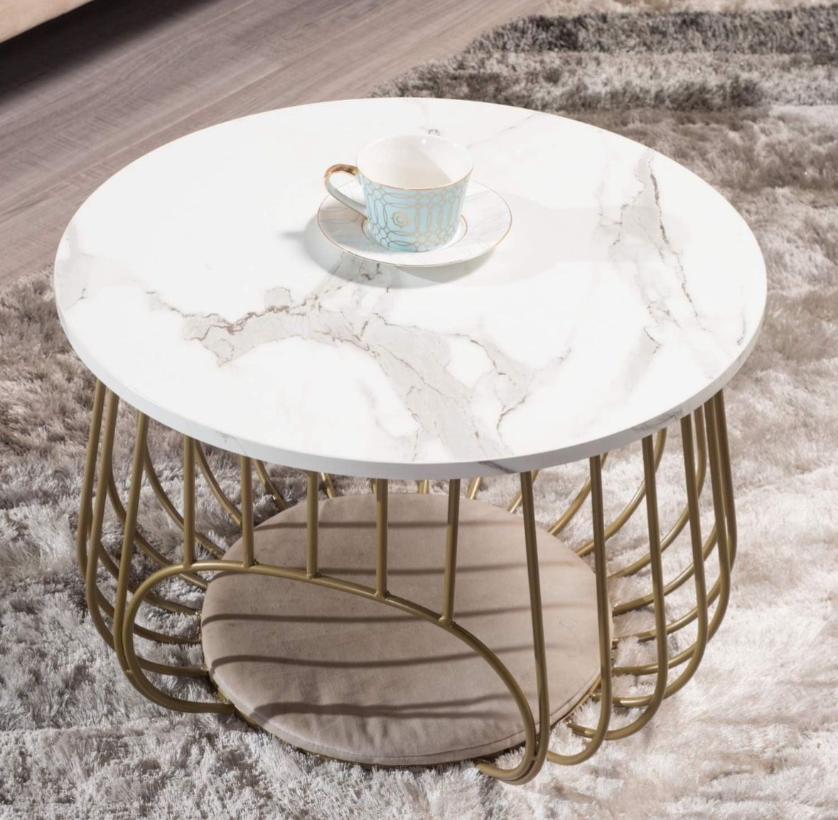Round Coffee Table, 2-in1 End Table & Pet Bed, Cocktail Table MDF Top White Marble Pattern Gold Metal Frame