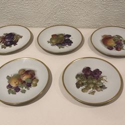 A Collection Of 5  Vintage Porcelain Kuba Porzellan Fruit Plates With Gold Trim Made In Bavaria Germany 7.50” Round 