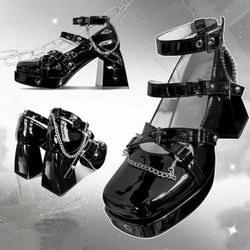 Silver Studs Iron Chain Cross  Black Shoes Heels ZAPATOS TACONES MUJER NINA GIRL WOMAN CRUZ