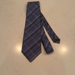 Burberry Men’s Tie – Classic Check – Navy Blue with Pink & Gray Accents – 100% Silk