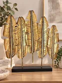 Gold Metal Tropical Leaf Tabletop Sculpture – Modern Home Décor