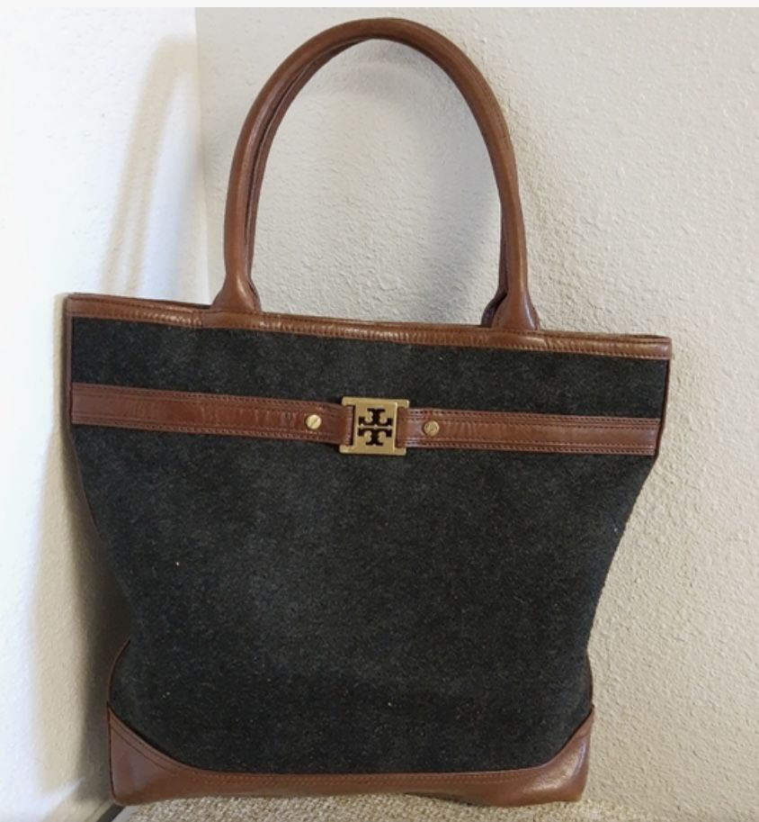Tory Burch Ambrose Gray Flannel Brown leather tote