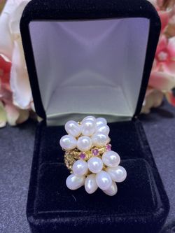 14K Ruby Pearls Cluster Ring