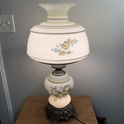 Vintage Milk Glass Painted Flowers Hurricane Parlor Brass Table Lamp
