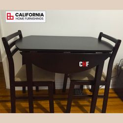 3 Piece Drop Leaf Round Dining Table Set with 2 Chairs - Cappuccino Brown