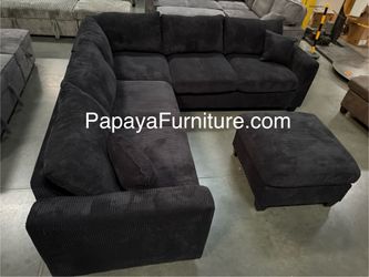 New! Black Sectional Sofa And Ottoman, Black Couch, Black Corduroy Sectional. L-Shaped Sofa, Couch, Sectionals, Black Sofa, Black Sectional,Plush Sofa