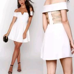 NWT  BCBG Max Azria  Dress  Carolyn  Off White Gold  Flare  Off the Shoulder  Women  Size 0 , 12 Available