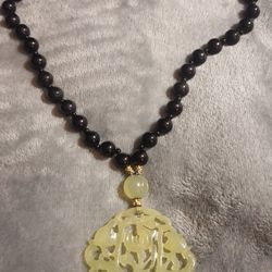 Jade carved lotus basket necklace
