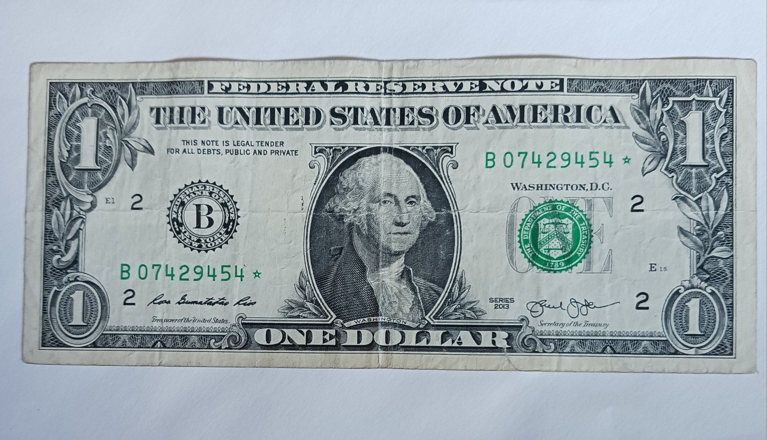 USA $1 BILL SERIAL "B" 2013*