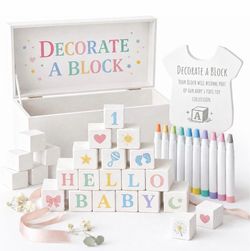 BRAND NEW IN BOX Baby Shower Blocks Decorating Game – 48 White Wooden Cubes to Decorate, Storage Box