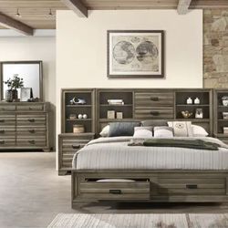 Queen Size Bed Frame with Headboard and Storage Drawers