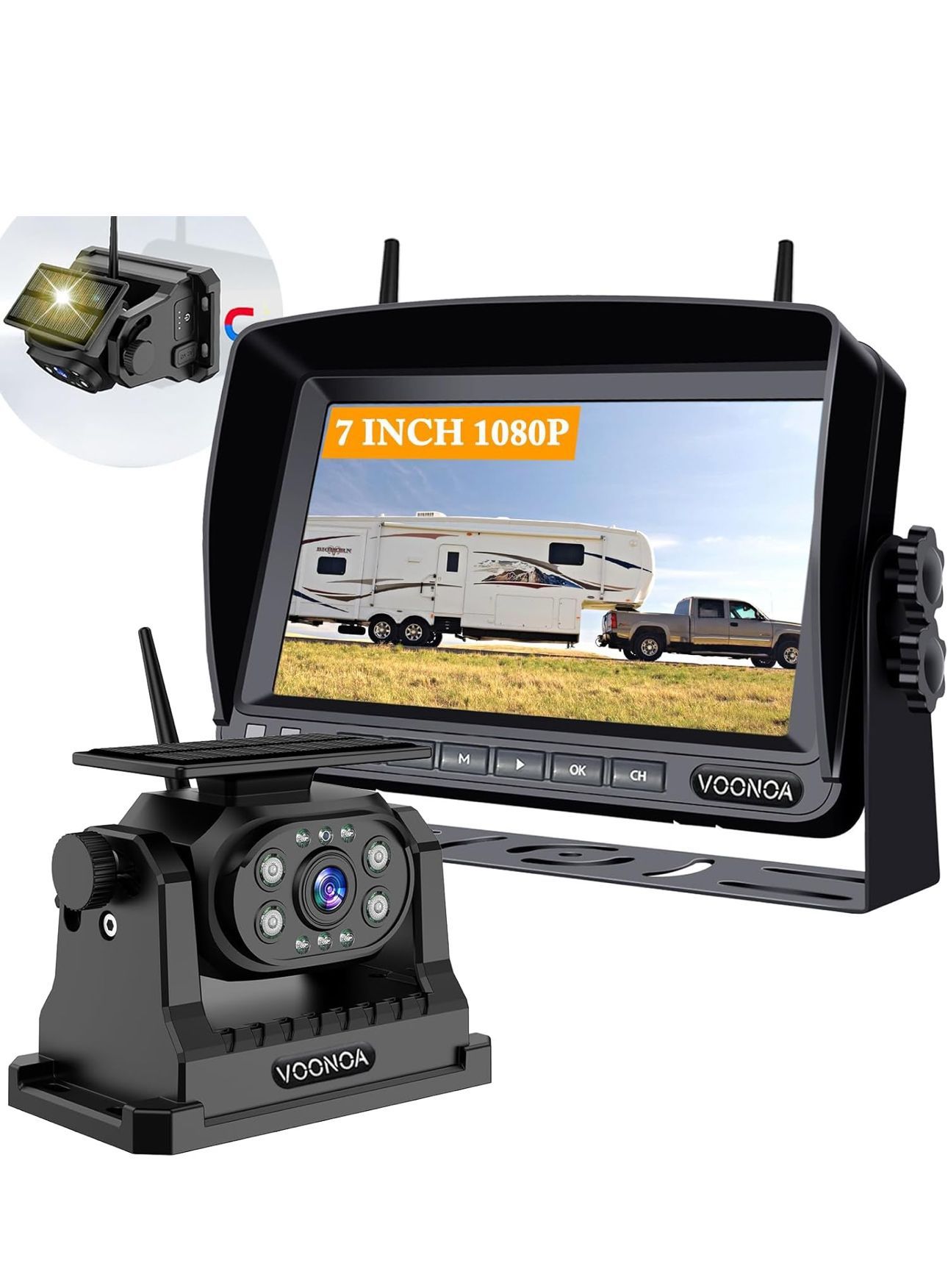 Wireless Magnetic Backup Camera, 9600mAh Battery Powered Rechargeable Waterproof HD Solar Back Up Rear View Bluetooth Hitch Camera with 7 Inch 1080P M