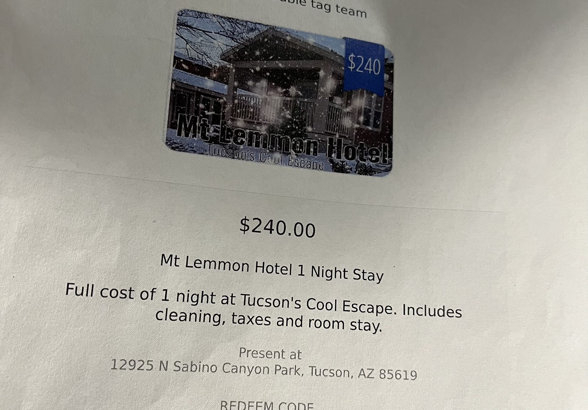 Mt. Lemmon Hotel /Cabin Voucher