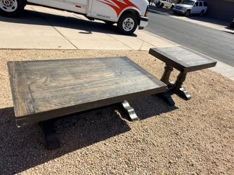 Rustic Living Room Wood Pedestal Coffee Table and End Stand Set