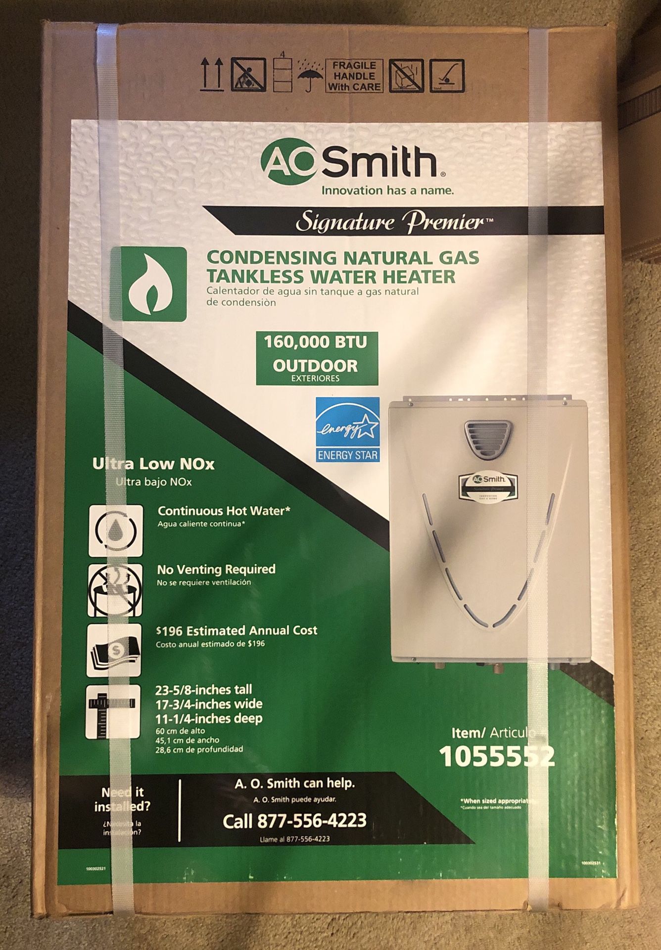 AO Smith 160,000 BTU Outdoor Tankless Natural Gas Water Heater.