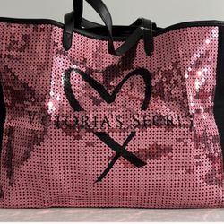 Large Victoria Secret Pink Sequin Tote Bag Weekender Overnight Beach Heart Canvas - NEW WITH TAGS IN SEALED BAG