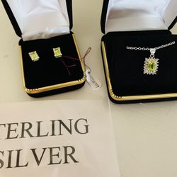 Absolutely Beautiful Sterling Silver Necklace & earrings Set With Lab Peridot And cubic Zirconia
