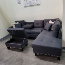 ✅️✅️3 pc charcoal linen like fabric sectional sofa drop down cup holder chaise and ottoman nail head trim ✅️