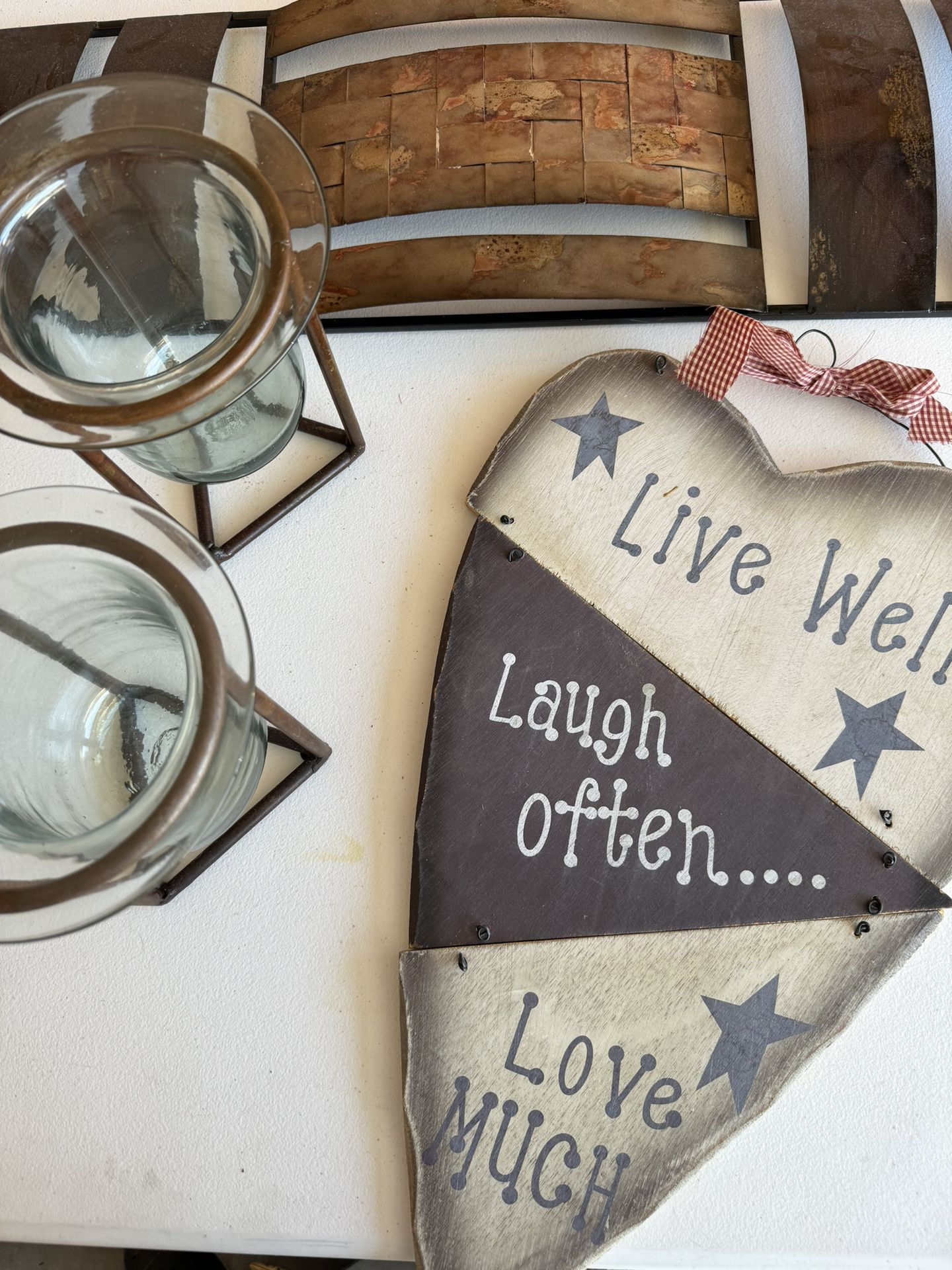 Live Well, Laugh Often Hanging Sign and 2 Glass Metal Candle Holders