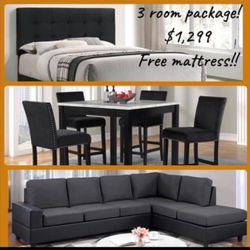 NEW 3 ROOM PACKAGE DEAL- BED MATTRESS DINING ROOM SECTIONAL SOFA AND MORE 