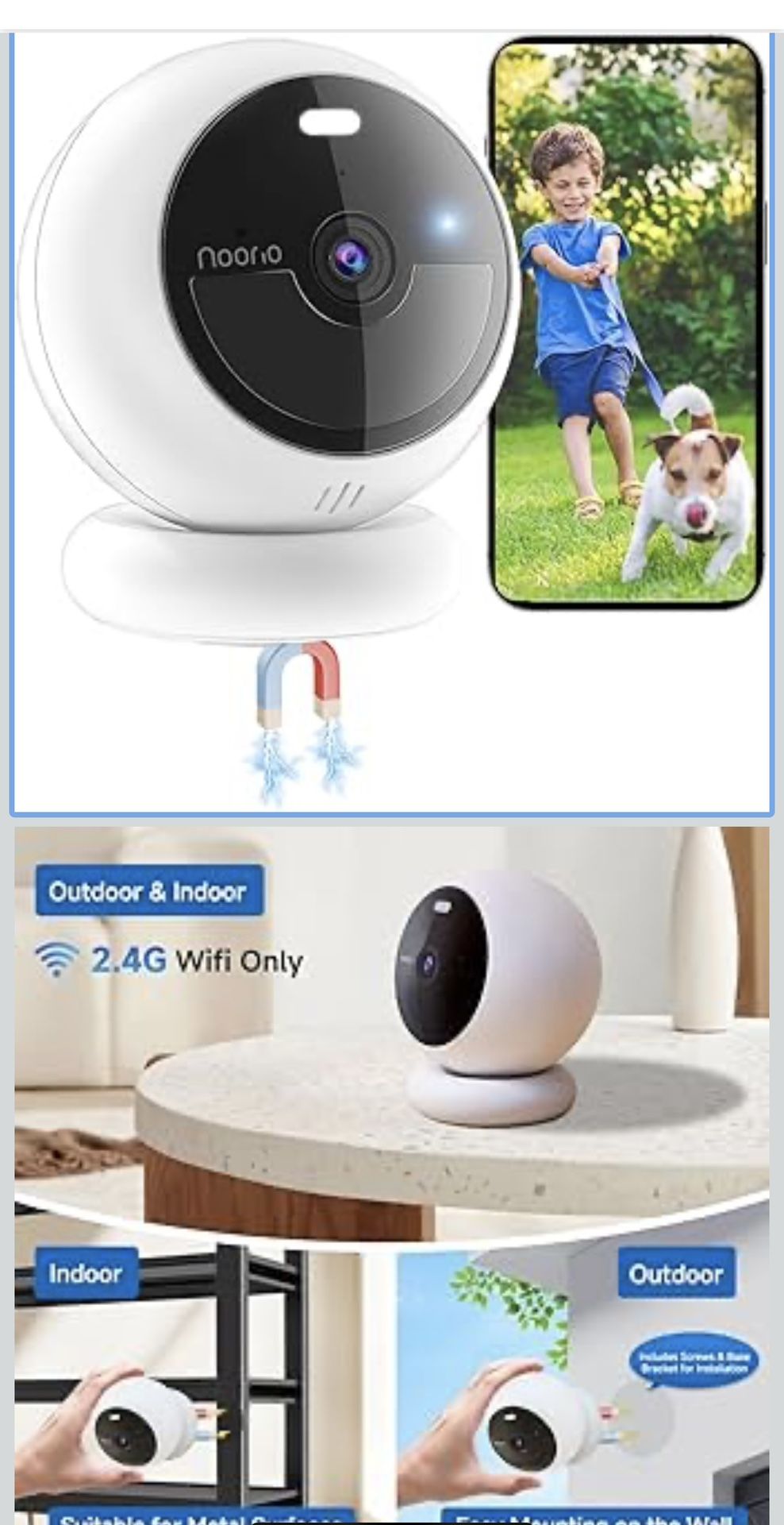 Noorio Security Cameras Wireless Outdoor Magnetic, 1080P Battery Powered Indoor Cameras for Home Security, Smart Motion Detection Outdoor Pet Dog Came