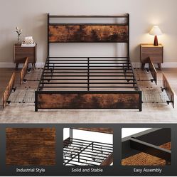 VINGLI Queen Bed Frame with 4 Storage Drawers and Headboard
