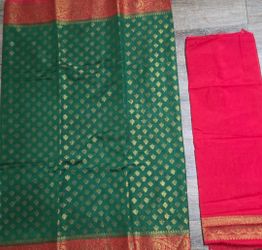 Women’s Green Red Gold Jacquard Silk Blend Saree Sari Unstitched.